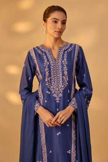 Buy The Aarya Blue Silk, Chanderi Split V-neck Embroidered Handwoven Kurta Set Online at Aza Fashions Buy_The Aarya_Blue Silk, Chanderi Split V-neck Embroidered Handwoven Kurta Set _Online_at_Aza_Fashions