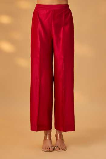 The Aarya Maroon Silk, Chanderi Round Neck Handwoven Embroidered Kurta Set Online at Aza Fashions The Aarya_Maroon Silk, Chanderi Round Neck Handwoven Embroidered Kurta Set _Online_at_Aza_Fashions