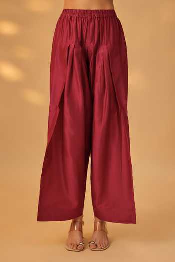 The Aarya_Maroon Silk, Chanderi V-neck, Yes Handwoven Embroidered Kurta Set _Online_at_Aza_Fashions