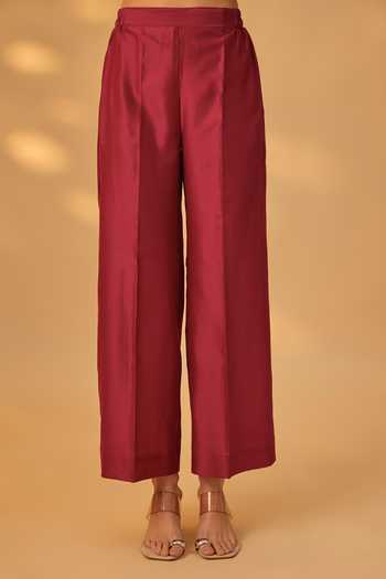 The Aarya_Maroon Silk, Chanderi Keyhole Neck, Yes Embroidered Handwoven Kurta Set _Online_at_Aza_Fashions