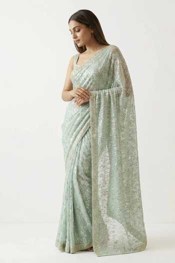 Two Sisters By Gyans_Green Georgette Square Neck Sequin Embellished Saree With Blouse _Online_at_Aza_Fashions