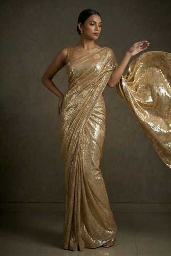 Two Sisters By Gyans_Gold Georgette Square Neck Sequin Embellished Saree With Blouse _Online_at_Aza_Fashions