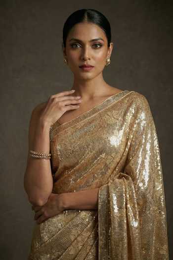 Buy_Two Sisters By Gyans_Gold Georgette Square Neck Sequin Embellished Saree With Blouse _Online_at_Aza_Fashions