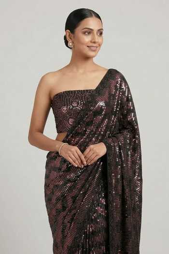 Buy_Two Sisters By Gyans_Black Georgette Bandeau Neck Cascade Sequin Work Saree With Blouse _Online_at_Aza_Fashions