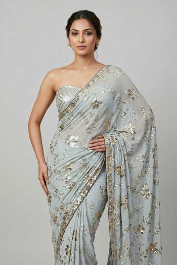 Two Sisters By Gyans_Gold Georgette Bandeau Neck Celestial Bloom Embroidered Saree With Blouse _Online_at_Aza_Fashions