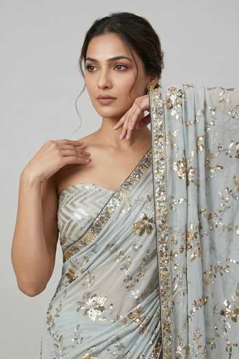 Buy_Two Sisters By Gyans_Gold Georgette Bandeau Neck Celestial Bloom Embroidered Saree With Blouse _Online_at_Aza_Fashions