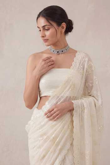 Two Sisters By Gyans_Ivory Georgette Bandeau Neck Moonlit Bloom Floral Embroidered Saree With Blouse _Online_at_Aza_Fashions
