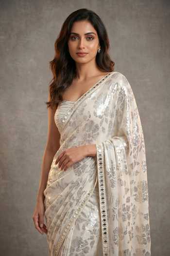 Two Sisters By Gyans_Ivory Georgette Square Neck Sequin Work Saree With Blouse _Online_at_Aza_Fashions