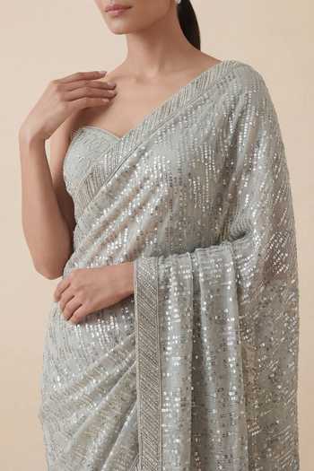 Two Sisters By Gyans_Grey Georgette V-neck Sequin Embellished Saree With Unstitched Blouse Piece  _Online_at_Aza_Fashions