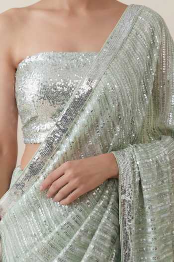 Two Sisters By Gyans_Green Georgette Bandeau Neck Sequin Work Saree With Blouse _Online_at_Aza_Fashions