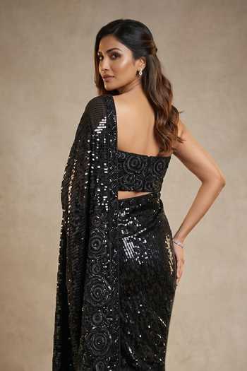 Two Sisters By Gyans_Black Georgette Square Neck Sequin Embellished Saree With Blouse _Online_at_Aza_Fashions