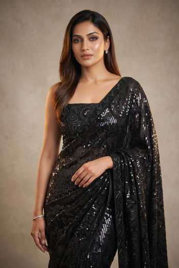 Buy_Two Sisters By Gyans_Black Georgette Square Neck Sequin Embellished Saree With Blouse _Online_at_Aza_Fashions