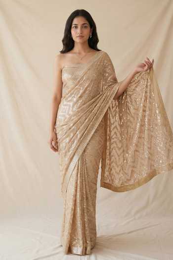 Buy_Two Sisters By Gyans_Gold Georgette Bandeau Neck Sequin Embellished Saree And Unstitched Blouse Set _Online_at_Aza_Fashions