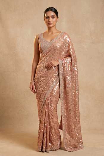 Two Sisters By Gyans_Peach Georgette V-neck Sequin Embellished Saree With Blouse _Online_at_Aza_Fashions
