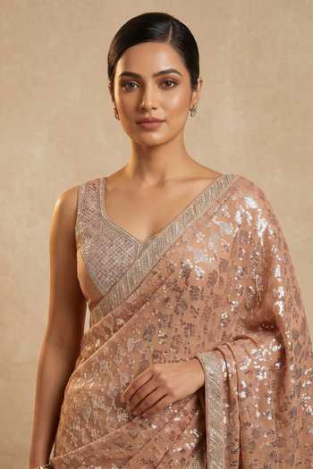 Buy_Two Sisters By Gyans_Peach Georgette V-neck Sequin Embellished Saree With Blouse _Online_at_Aza_Fashions