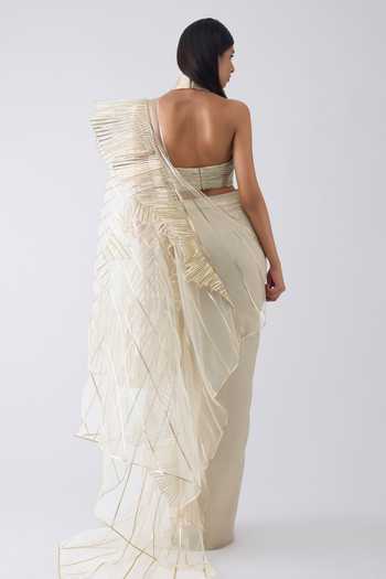 Amit Aggarwal Metallic Winged Draped Ruffle Saree With Top 