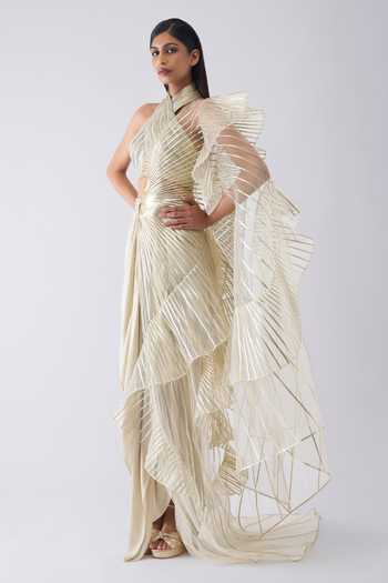 Amit Aggarwal Beige Crepe, Tulle Halter Neck Metallic Winged Draped Ruffle Saree With Top Online at Aza Fashions Amit Aggarwal_Beige Crepe, Tulle Halter Neck Metallic Winged Draped Ruffle Saree With Top _Online_at_Aza_Fashions