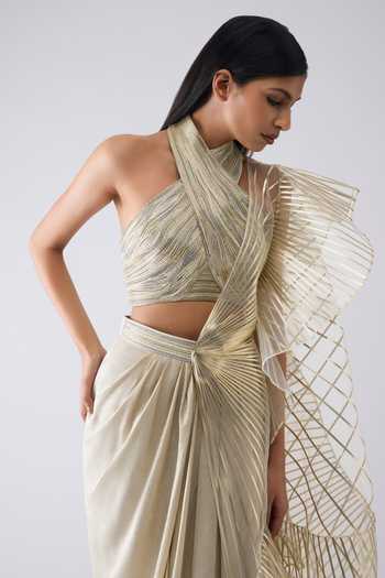 Buy Amit Aggarwal Beige Crepe, Tulle Halter Neck Metallic Winged Draped Ruffle Saree With Top Online at Aza Fashions Buy_Amit Aggarwal_Beige Crepe, Tulle Halter Neck Metallic Winged Draped Ruffle Saree With Top _Online_at_Aza_Fashions
