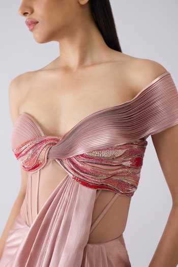 Amit Aggarwal Pink Satin, Chiffon, Polyester, Tulle, Nylon Beads Asymmetric Draped Gown Online at Aza Fashions Amit Aggarwal_Pink Satin, Chiffon, Polyester, Tulle, Nylon Beads Asymmetric Draped Gown _Online_at_Aza_Fashions