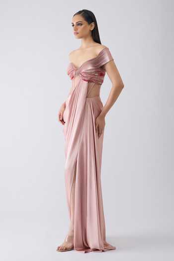 Buy Amit Aggarwal Pink Satin, Chiffon, Polyester, Tulle, Nylon Beads Asymmetric Draped Gown Online at Aza Fashions Buy_Amit Aggarwal_Pink Satin, Chiffon, Polyester, Tulle, Nylon Beads Asymmetric Draped Gown _Online_at_Aza_Fashions