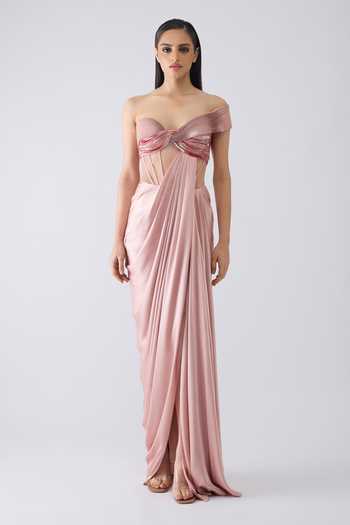 Shop Amit Aggarwal Pink Satin, Chiffon, Polyester, Tulle, Nylon Beads Asymmetric Draped Gown Online at Aza Fashions Shop_Amit Aggarwal_Pink Satin, Chiffon, Polyester, Tulle, Nylon Beads Asymmetric Draped Gown _Online_at_Aza_Fashions
