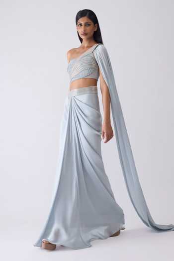 Amit Aggarwal_Sky Blue Chiffon, Polyester One Shoulder Moulded Crystalvein Top And Skirt Set _Online_at_Aza_Fashions
