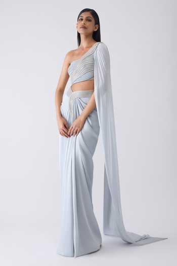 Buy_Amit Aggarwal_Sky Blue Chiffon, Polyester One Shoulder Moulded Crystalvein Top And Skirt Set _Online_at_Aza_Fashions