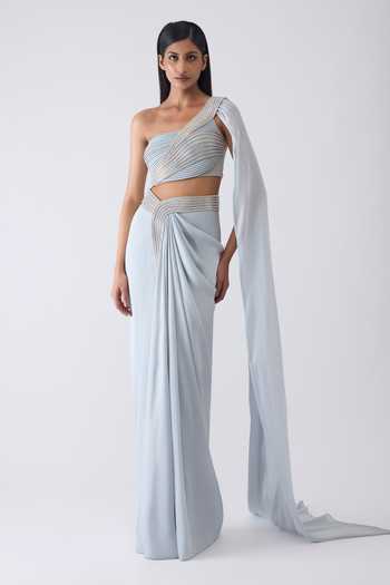 Amit Aggarwal_Sky Blue Chiffon, Polyester One Shoulder Moulded Crystalvein Top And Skirt Set _at_Aza_Fashions