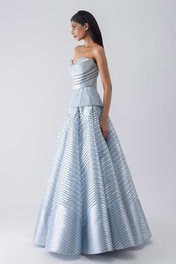 Amit Aggarwal_Blue Crepe, Polyester, Tulle, Jersey Metallic Structured Corset And Skirt Set _Online_at_Aza_Fashions