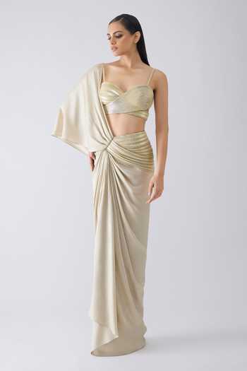 Amit Aggarwal_Beige Crepe, Tulle Sweetheart Neck Metallic Corded Pre-draped Saree With Blouse _Online_at_Aza_Fashions