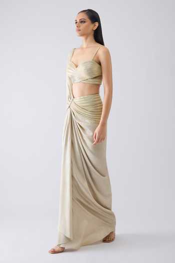 Buy_Amit Aggarwal_Beige Crepe, Tulle Sweetheart Neck Metallic Corded Pre-draped Saree With Blouse _Online_at_Aza_Fashions