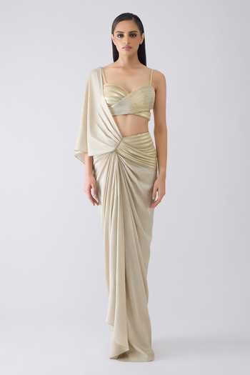 Shop_Amit Aggarwal_Beige Crepe, Tulle Sweetheart Neck Metallic Corded Pre-draped Saree With Blouse _Online_at_Aza_Fashions