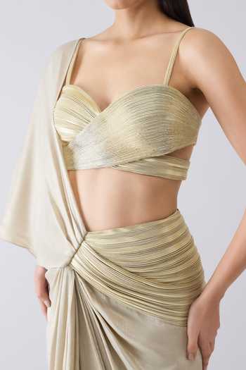 Amit Aggarwal_Beige Crepe, Tulle Sweetheart Neck Metallic Corded Pre-draped Saree With Blouse _at_Aza_Fashions