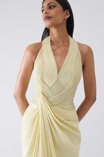Amit Aggarwal_Yellow Crepe, Polyester, Jersey Halter Neck Metallic Moulded Gown _Online_at_Aza_Fashions