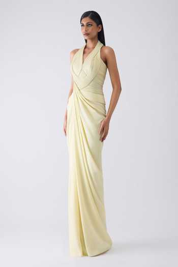 Buy_Amit Aggarwal_Yellow Crepe, Polyester, Jersey Halter Neck Metallic Moulded Gown _Online_at_Aza_Fashions