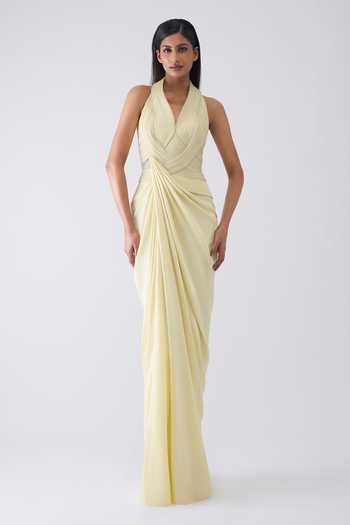 Shop_Amit Aggarwal_Yellow Crepe, Polyester, Jersey Halter Neck Metallic Moulded Gown _Online_at_Aza_Fashions