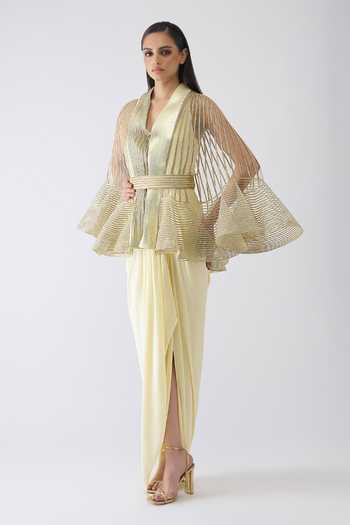 Amit Aggarwal Yellow Chiffon, Tulle Shawl Neck, Metallic Corded Ruffle Cape And Dress Set Online at Aza Fashions Amit Aggarwal_Yellow Chiffon, Tulle Shawl Neck, Metallic Corded Ruffle Cape And Dress Set _Online_at_Aza_Fashions