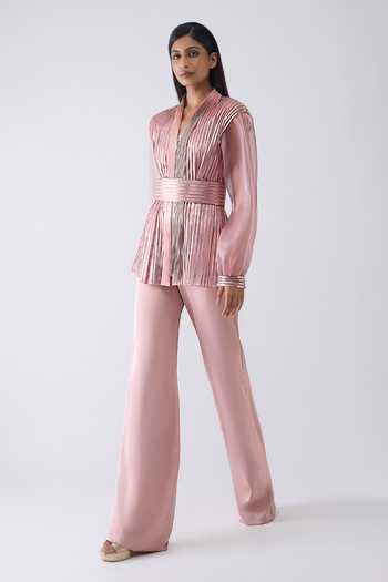 Amit Aggarwal Pink Satin, Tulle V-neck Metallic Structured Cape And Pant Set Online at Aza Fashions Amit Aggarwal_Pink Satin, Tulle V-neck Metallic Structured Cape And Pant Set _Online_at_Aza_Fashions