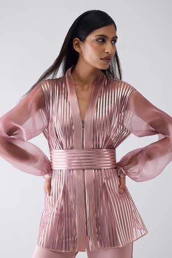 Shop Amit Aggarwal Pink Satin, Tulle V-neck Metallic Structured Cape And Pant Set Online at Aza Fashions Shop_Amit Aggarwal_Pink Satin, Tulle V-neck Metallic Structured Cape And Pant Set _Online_at_Aza_Fashions