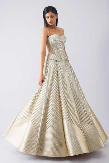 Amit Aggarwal_Beige Crepe, Polyester, Tulle Sweetheart Metallic Structured Corset And Skirt Set _Online_at_Aza_Fashions