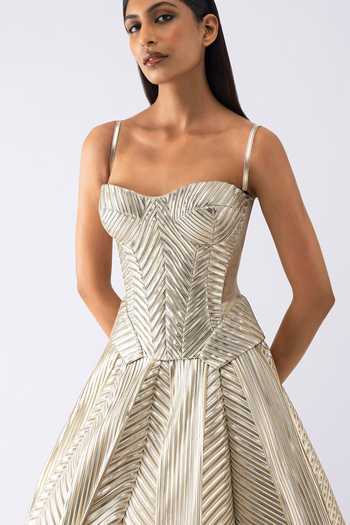 Buy_Amit Aggarwal_Beige Crepe, Polyester, Tulle Sweetheart Metallic Structured Corset And Skirt Set _Online_at_Aza_Fashions