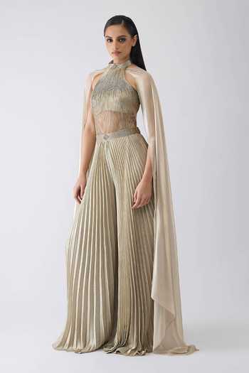 Amit Aggarwal_Beige Crepe, Tulle Halter Neck Corded Bodysuit And Pant Set _Online_at_Aza_Fashions