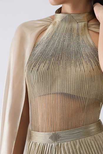 Buy_Amit Aggarwal_Beige Crepe, Tulle Halter Neck Corded Bodysuit And Pant Set _Online_at_Aza_Fashions