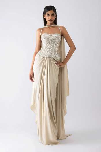 Amit Aggarwal_Beige Crepe, Tulle Metallic Thread, Foil Printing Structured Corset Skirt Set _Online_at_Aza_Fashions
