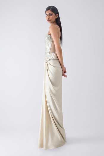 Buy_Amit Aggarwal_Beige Crepe, Tulle Metallic Thread, Foil Printing Structured Corset Skirt Set _Online_at_Aza_Fashions