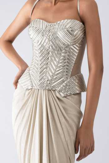 Shop_Amit Aggarwal_Beige Crepe, Tulle Metallic Thread, Foil Printing Structured Corset Skirt Set _Online_at_Aza_Fashions