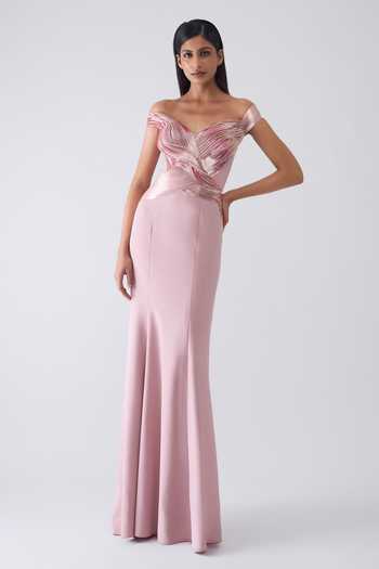 Buy_Amit Aggarwal_Pink Crepe, Tulle Beads, Metallic Thread Sweetheart Neck, Moulded Gown _Online_at_Aza_Fashions