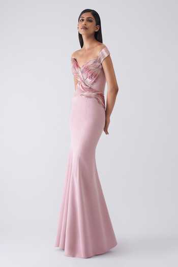 Shop_Amit Aggarwal_Pink Crepe, Tulle Beads, Metallic Thread Sweetheart Neck, Moulded Gown _Online_at_Aza_Fashions
