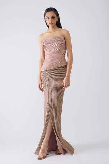 Amit Aggarwal Pink Crepe, Chiffon, Polyester, Tulle Structured Work Corset And Skirt Set Online at Aza Fashions Amit Aggarwal_Pink Crepe, Chiffon, Polyester, Tulle Structured Work Corset And Skirt Set _Online_at_Aza_Fashions