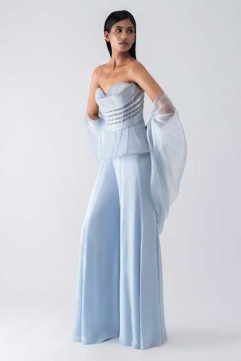 Amit Aggarwal_Blue Crepe, Chiffon, Polyester, Tulle, Jersey Metallic Structured Cape Pant Set _Online_at_Aza_Fashions